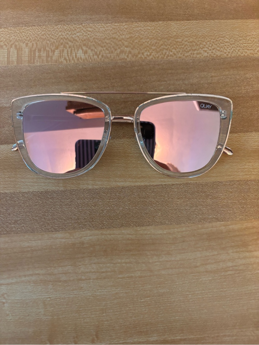 Quay Australia Clear Frame Sunglasses with Pink Mirrored Lenses
